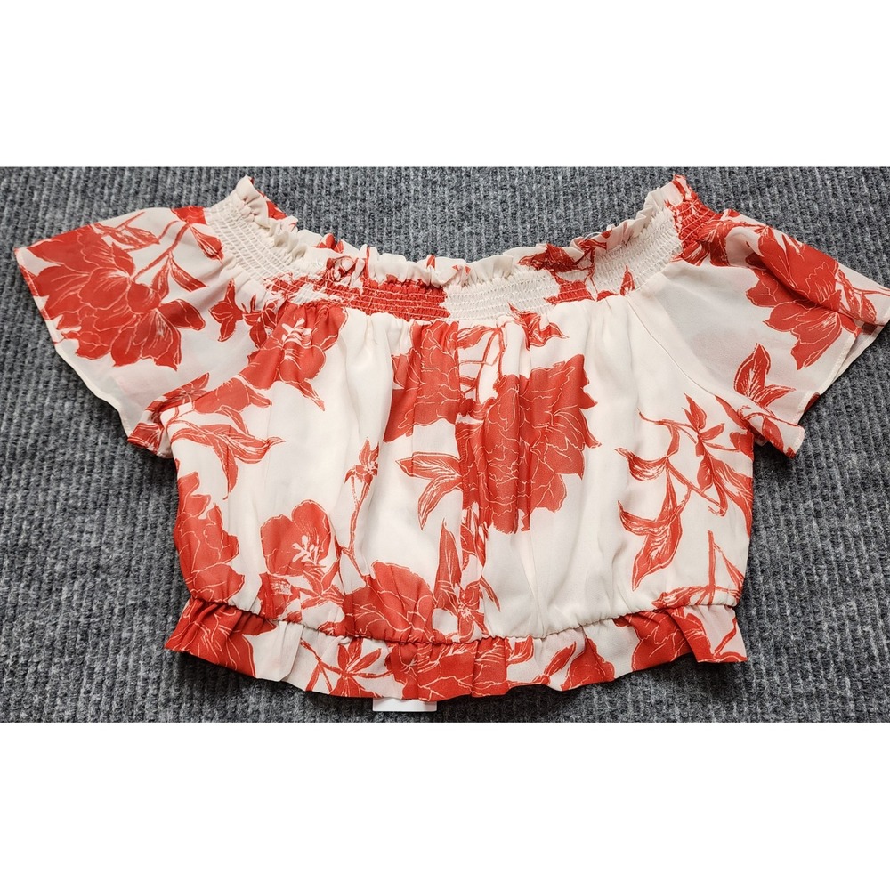 The Room Floral Off The Shoulder Crop Top Red White Smocked Ruffle Blouse - Picture 8 of 10